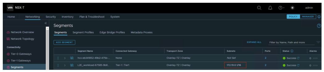 A screenshot of the Segments page in NSX-T.
