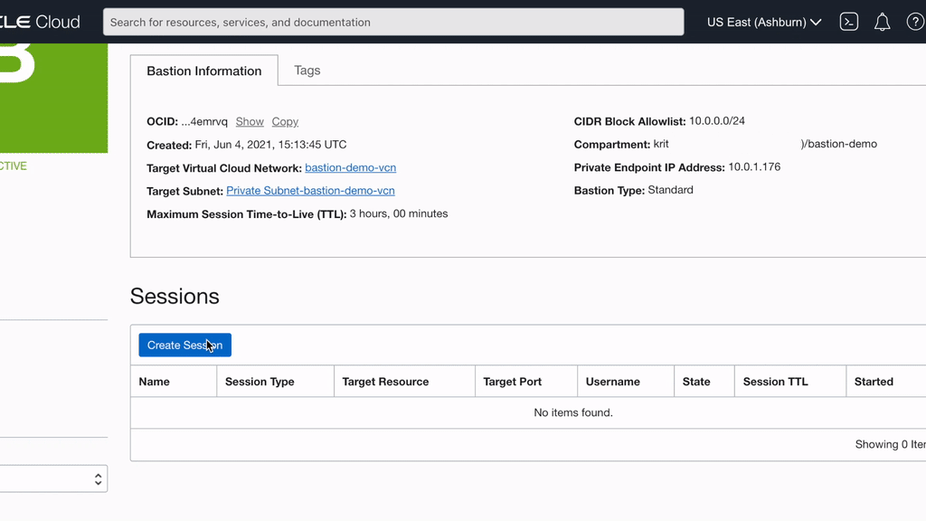Create a Bastion Session for Managed SSH session type