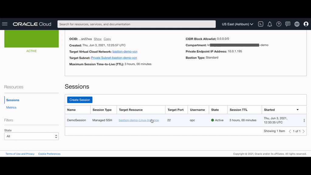 Login to the private target resource via OCI Bastion Managed SSH session