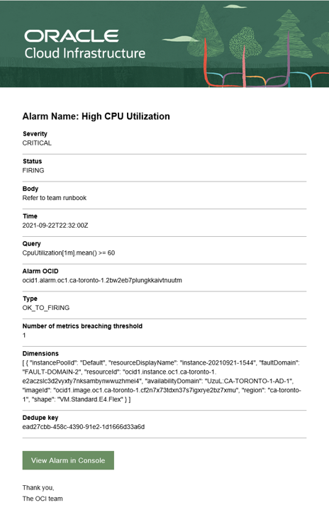 A screenshot of the formatted configuration details for a High CPU Utilization alarm.