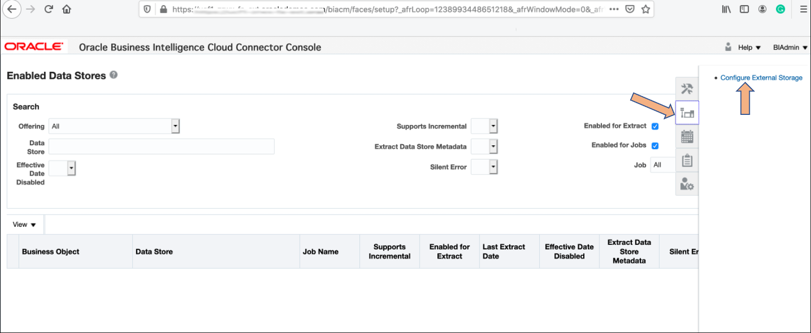 A screenshot of the Oracle Business Intelligence Cloud Connector Console with arrows pointing to the Configure External Storage option in the right menu.