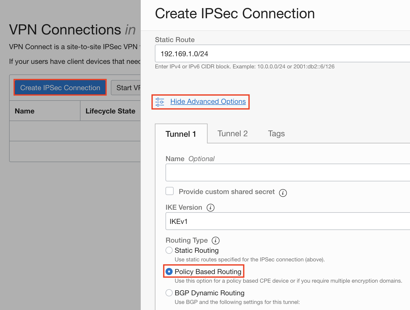 A screenshot of the Create IPSec Connection window in the OCI Console.