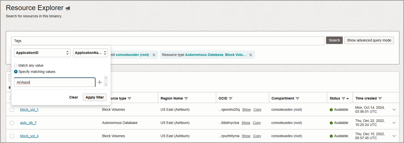 Filtering by tags in Resource Explorer