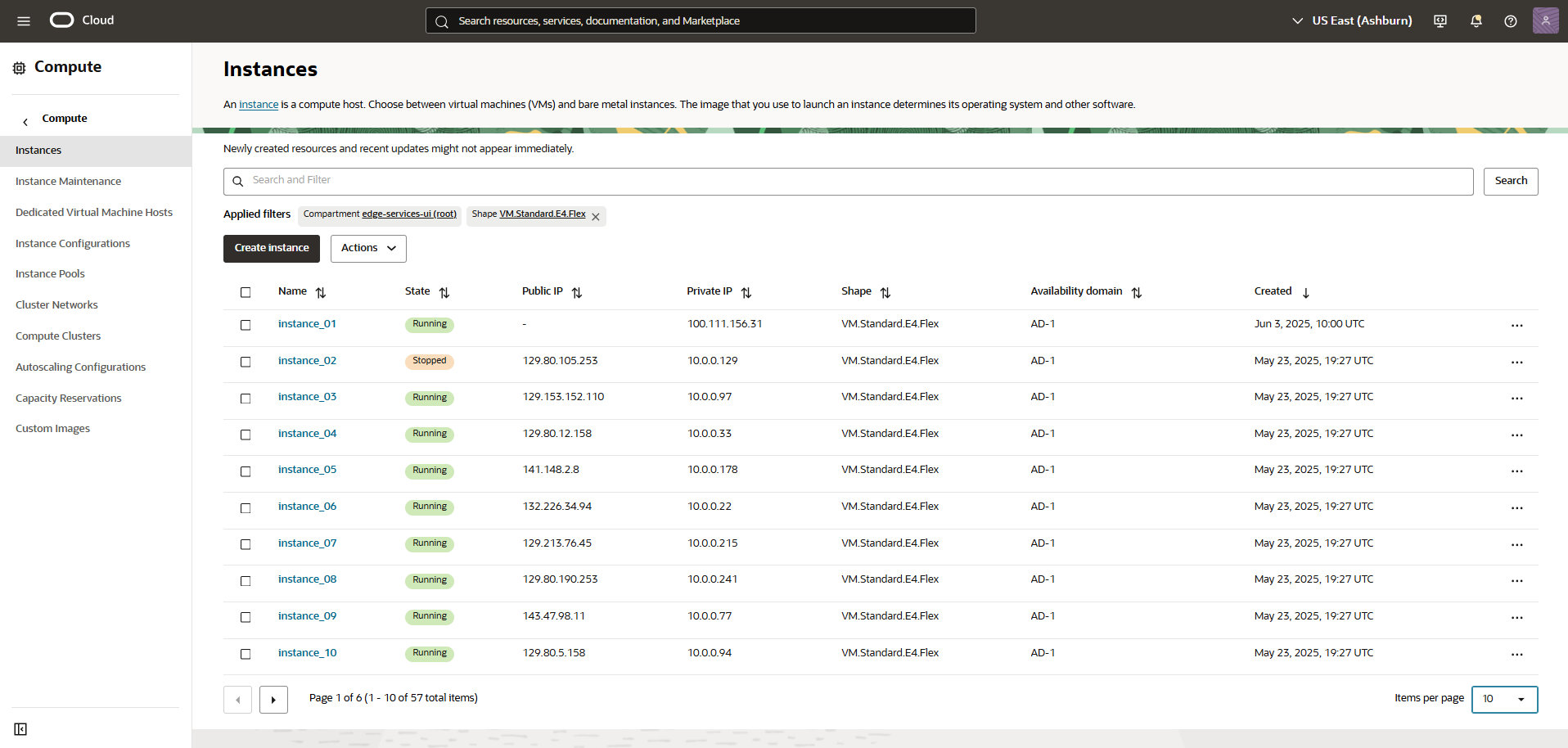 Screenshot from the OCI Console, showing the Compute Instances list page