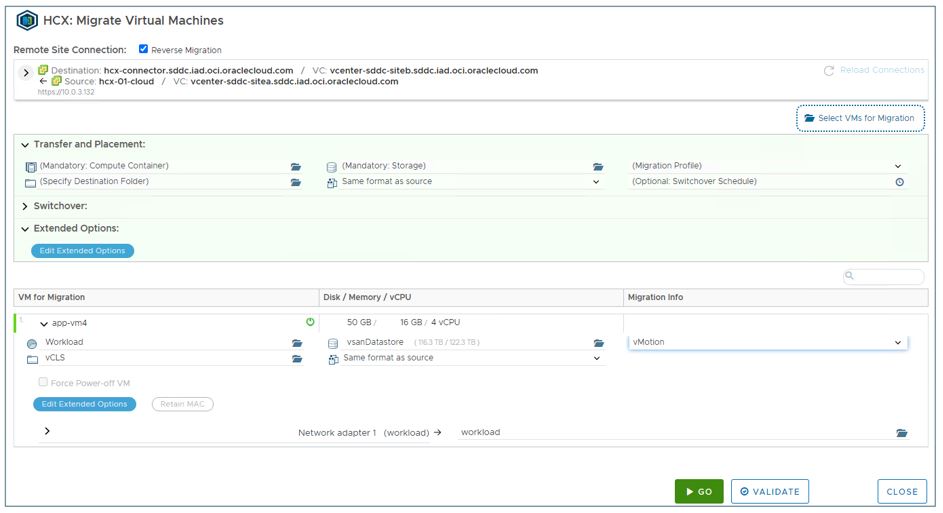 A screenshot of the HCX: Migrate Virtual Machines page with the VMs to migrate selected.