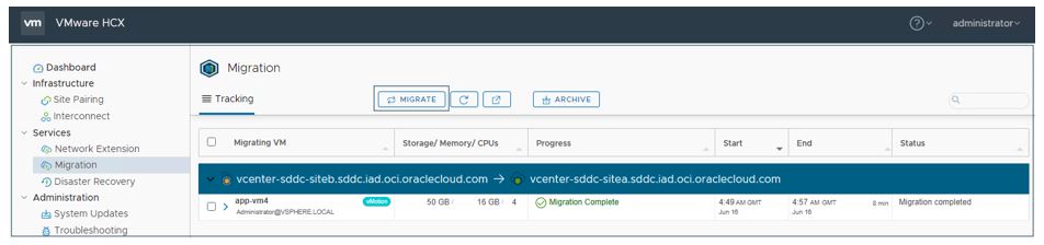 A screenshot of the Migrate page in the VMware HCX console with the Migrate button outlined.