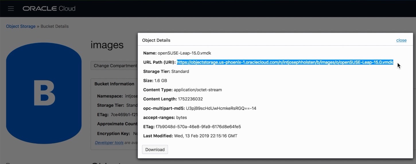 VM Image URL in the Object Details console