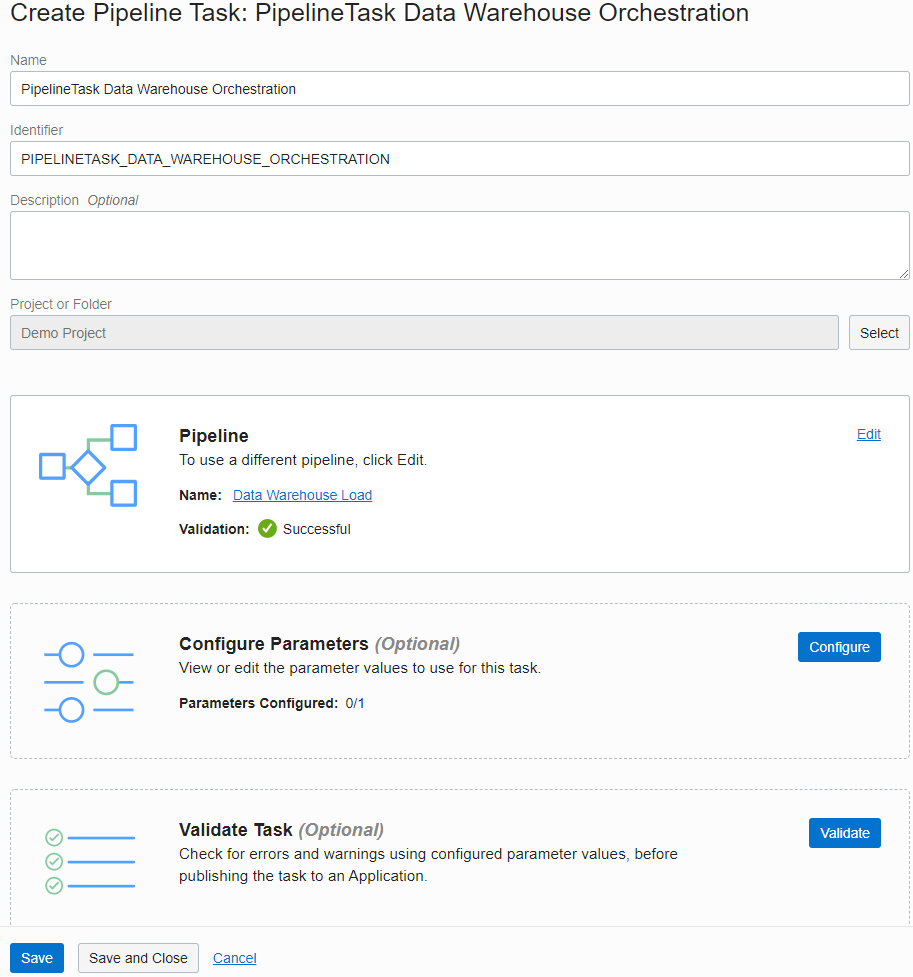 A screenshot of the Create Pipeline Taske: Pipeline Task Data Warehouse Orchestration window in the Console.