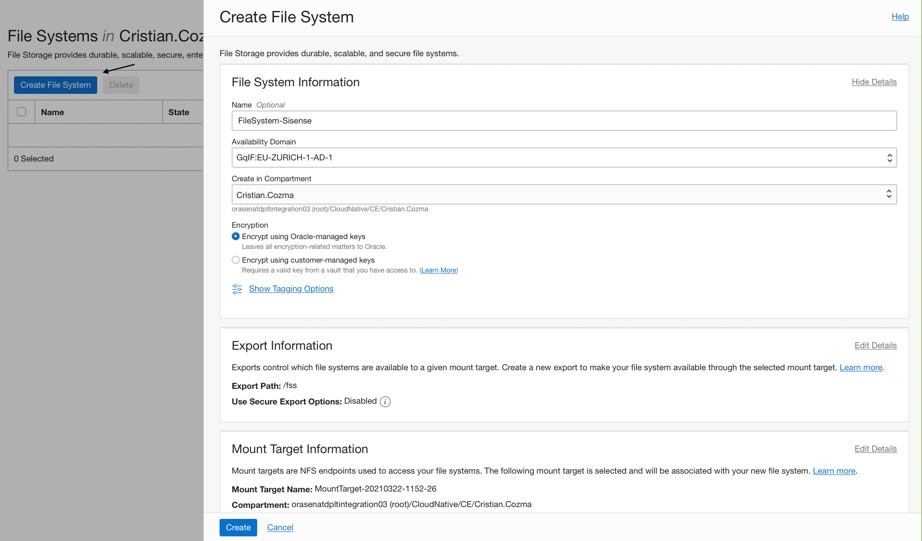 A screenshot of the Create File System window in the Console with fields filled in.