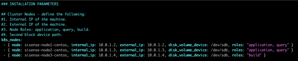 A screenshot of the installation parameters for K8s nodes.