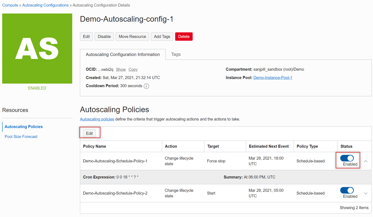 A screenshot of the autoscaling configuration details page with the edit button and autoscaling policies enabled toggle outlined in red.