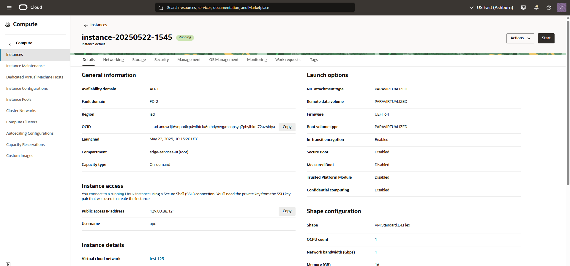 Screenshot from the OCI Console, showing a resource details page