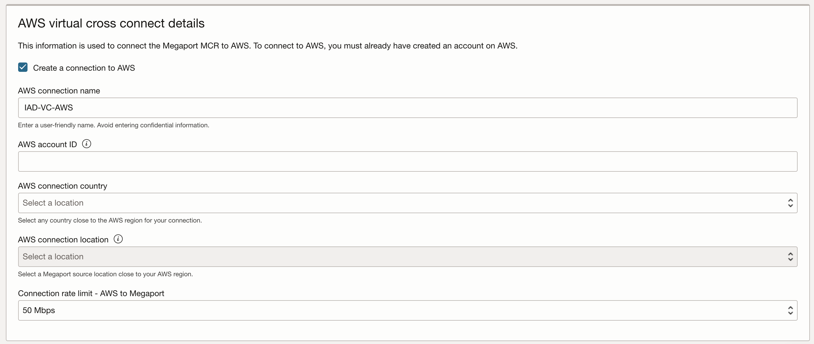 A screenshot of the AWS virtual cross connect details page showing the configuration details.