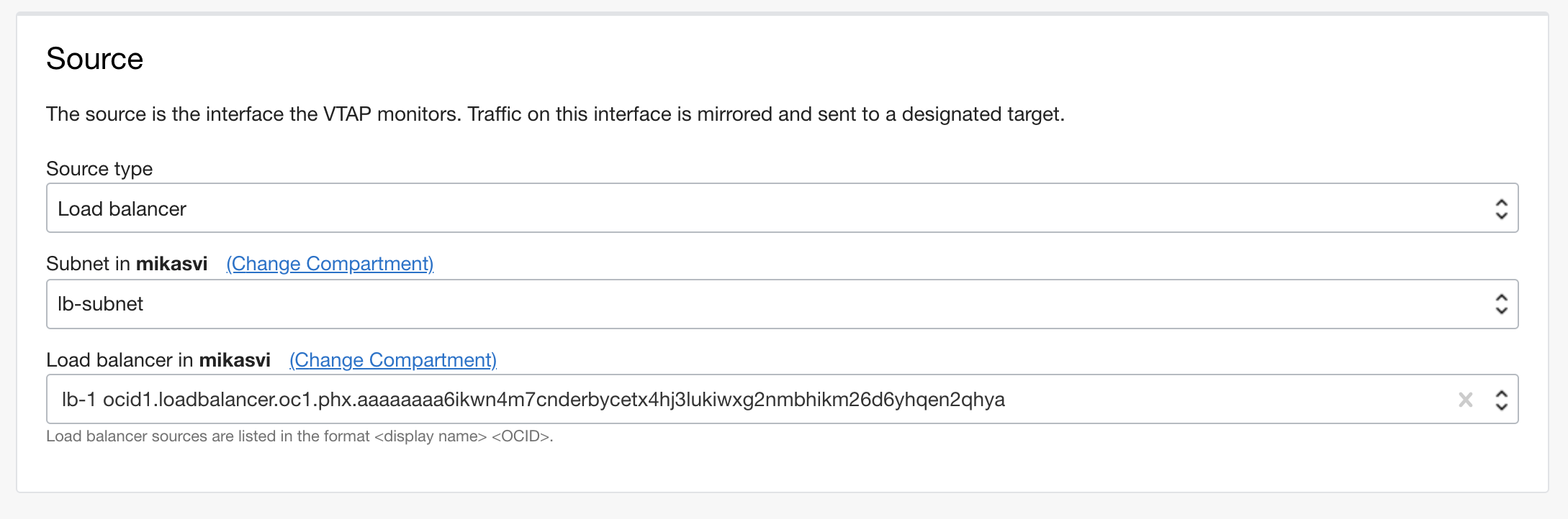 A screenshot of the VTAP Source section with fields filled in.