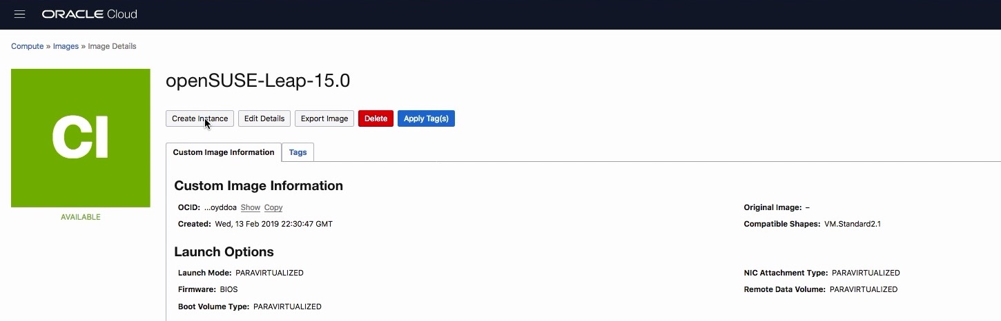 Create Instance button on Image Details page