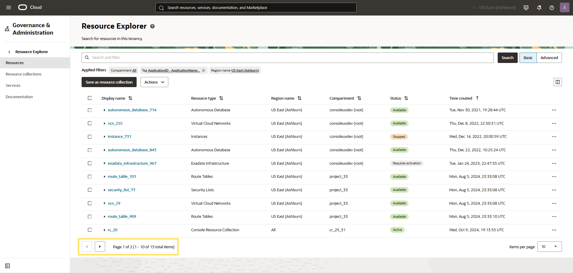 Screenshot from the OCI Console, showing the Resource Explorer page