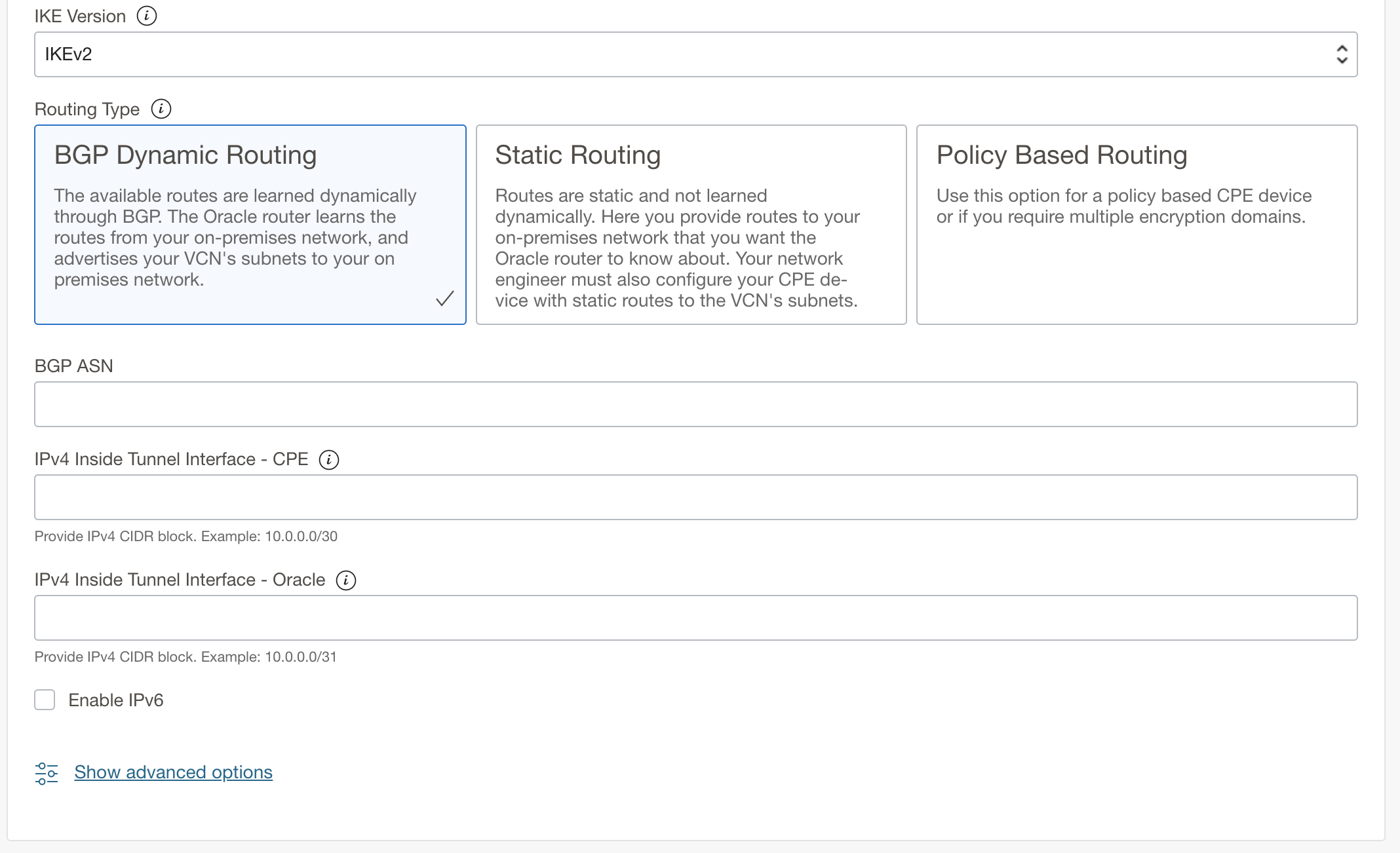 A screenshot of the configuration page with BGP dynamic routing selected as the routing type.