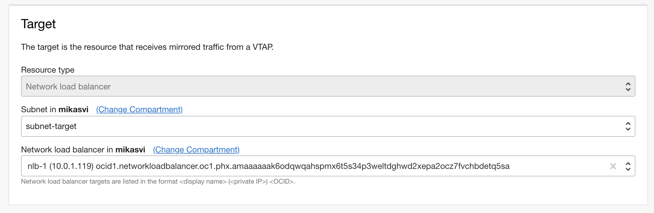 A screenshot of the VTAP Target section with fields filled in.