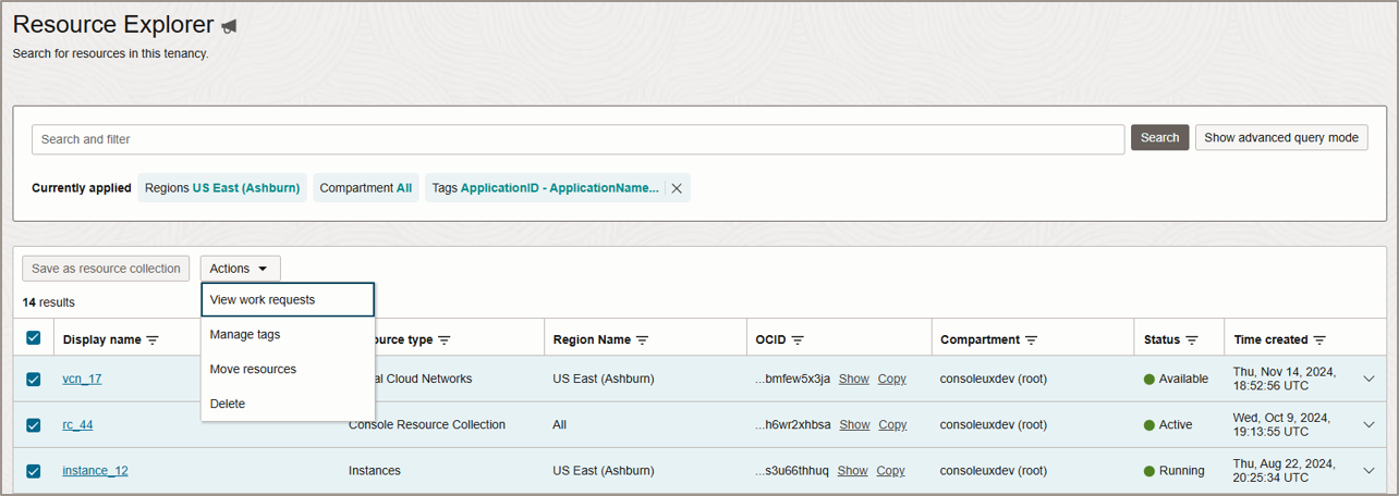 Options to manage tags, move resources, and delete resources in bulk, and to view work requests.