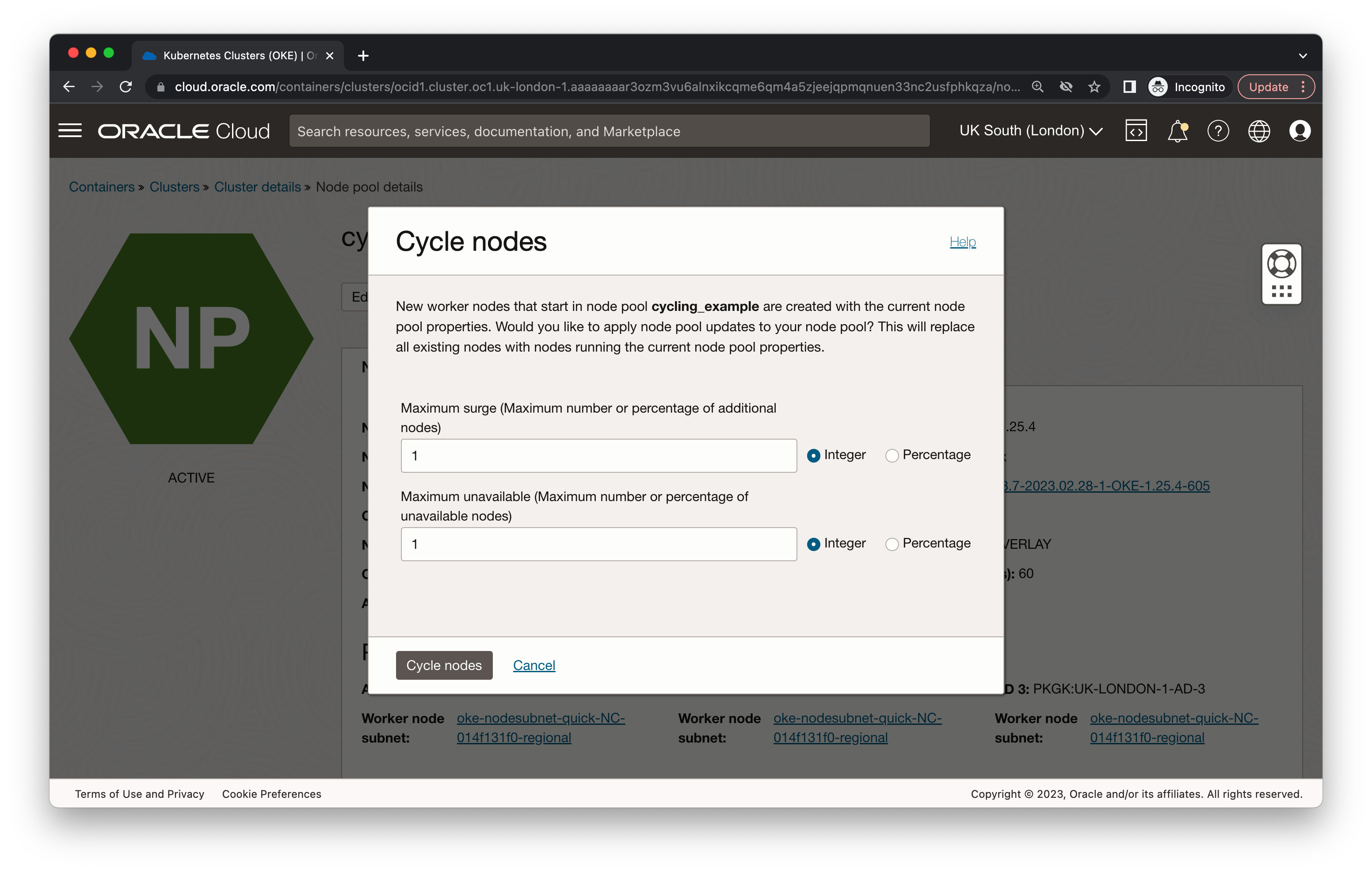 A screenshot of the Cycle nodes window.