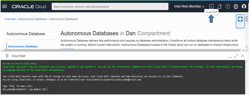 A screenshot of the Autonomous Databases page in the Oracle Cloud Console with an arrow pointing to the Cloud Shell icon.