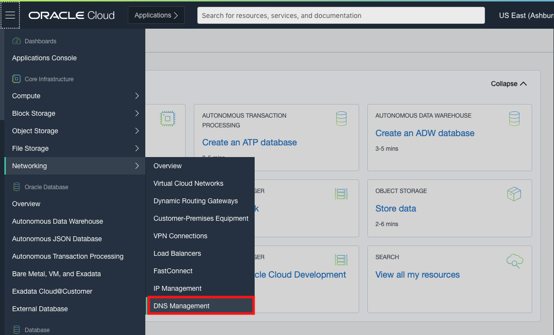 A screenshot of the OCI Console with the menu expanded, Networking highlighted, and DNS Management outlined in red.