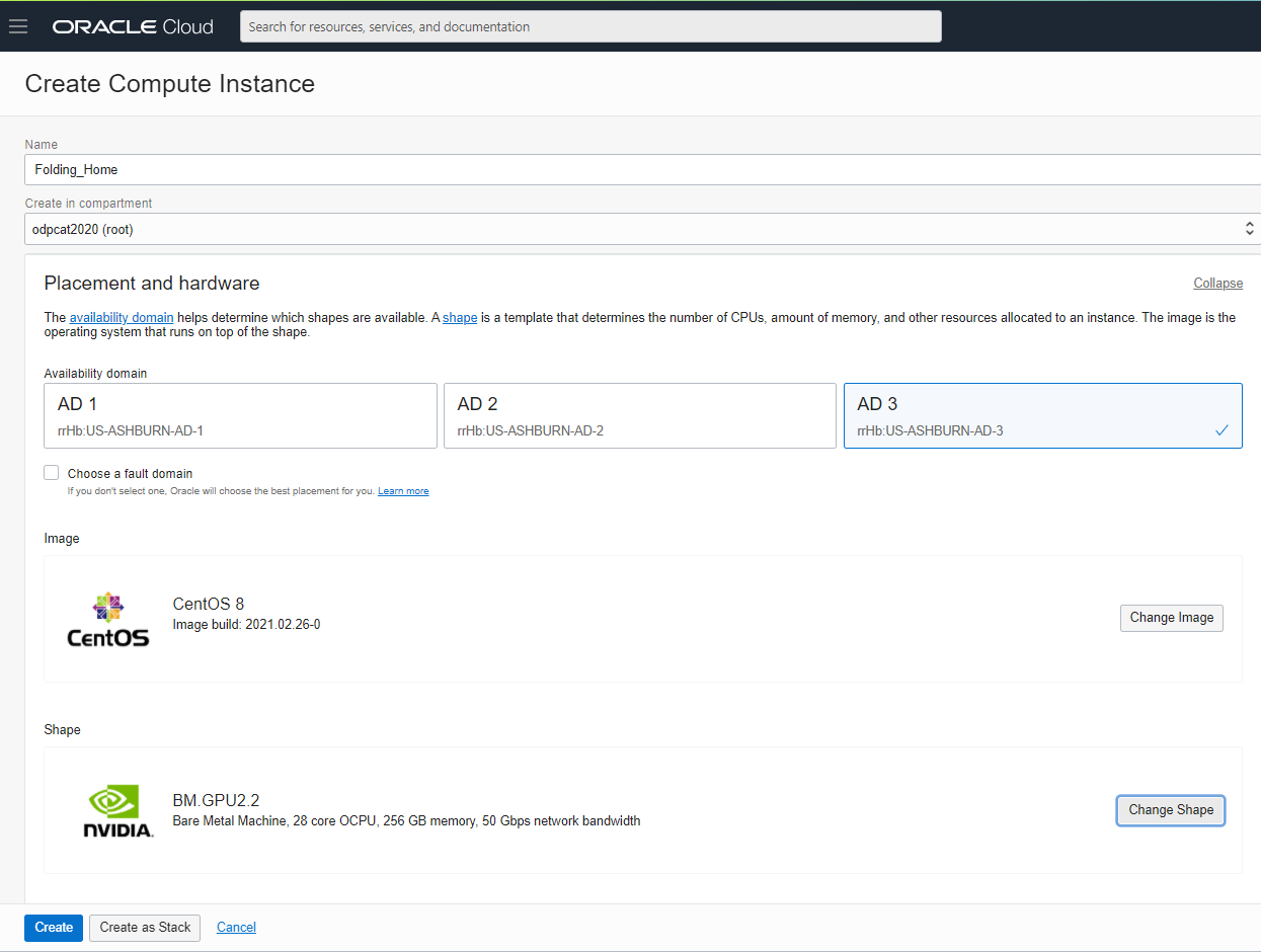 A screenshot of the Create Compute Instance screen in the Console.