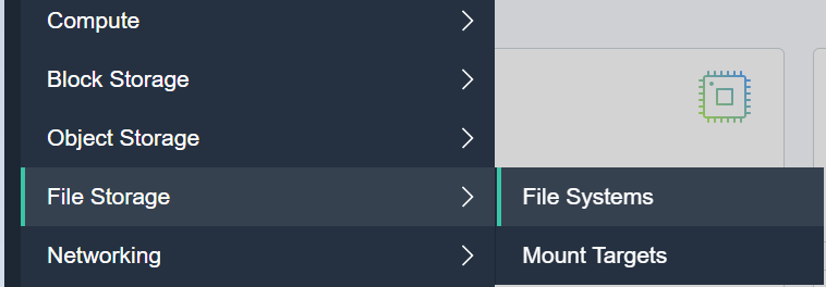 A screenshot of the expanded menu in the Oracle Cloud Console, with File Storage and File Systems highlighted.