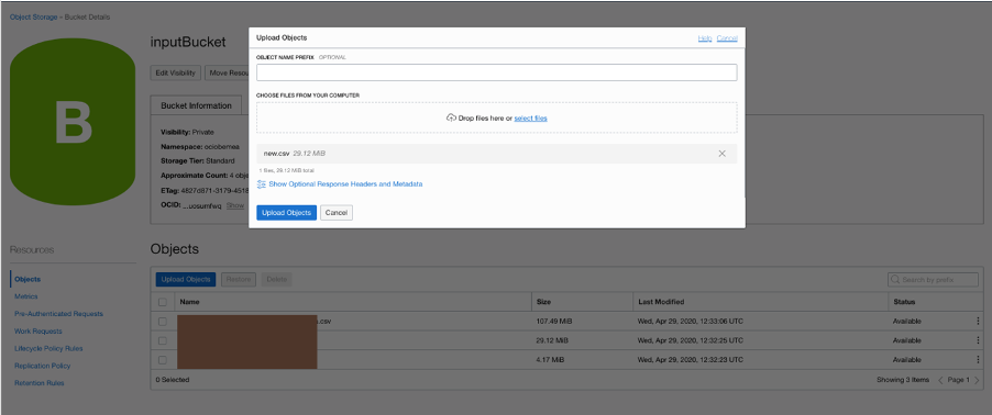 A screenshot that shows the Upload Objects dialog box for a bucket in the Object Storage page of the Console.