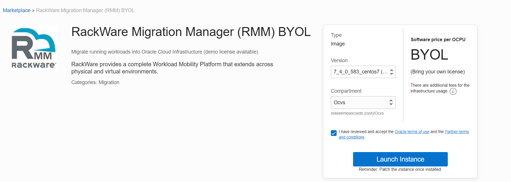 A screenshot of the Rackware RMM BYOL page in the Oracle Cloud Marketplace.