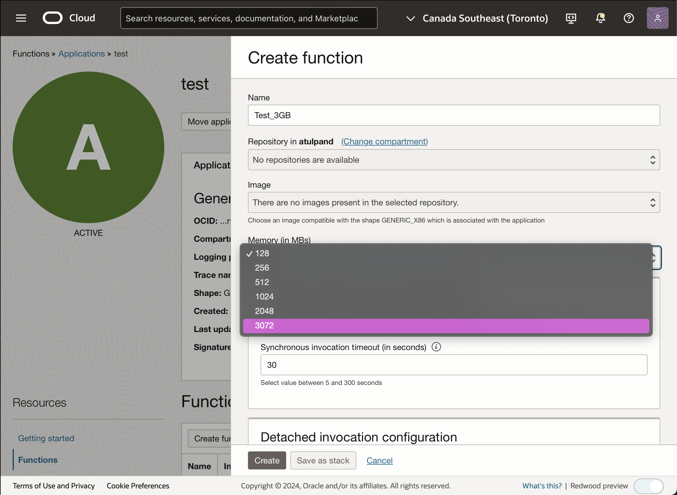 Creating a function and customizing the memory size.