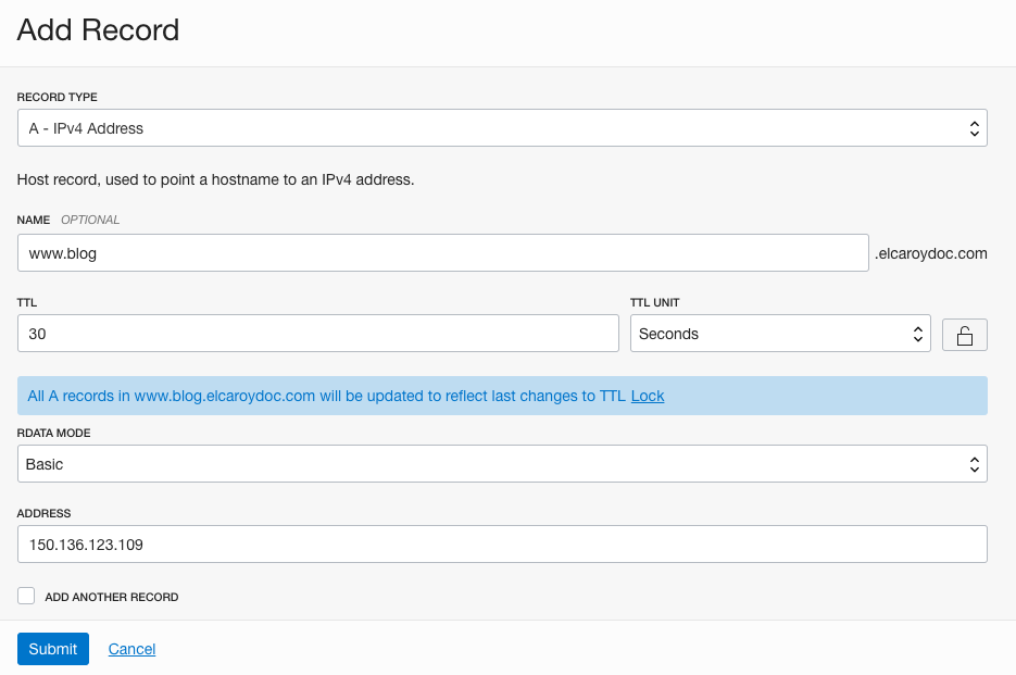 A screenshot of the Add Record section in the OCI Console.