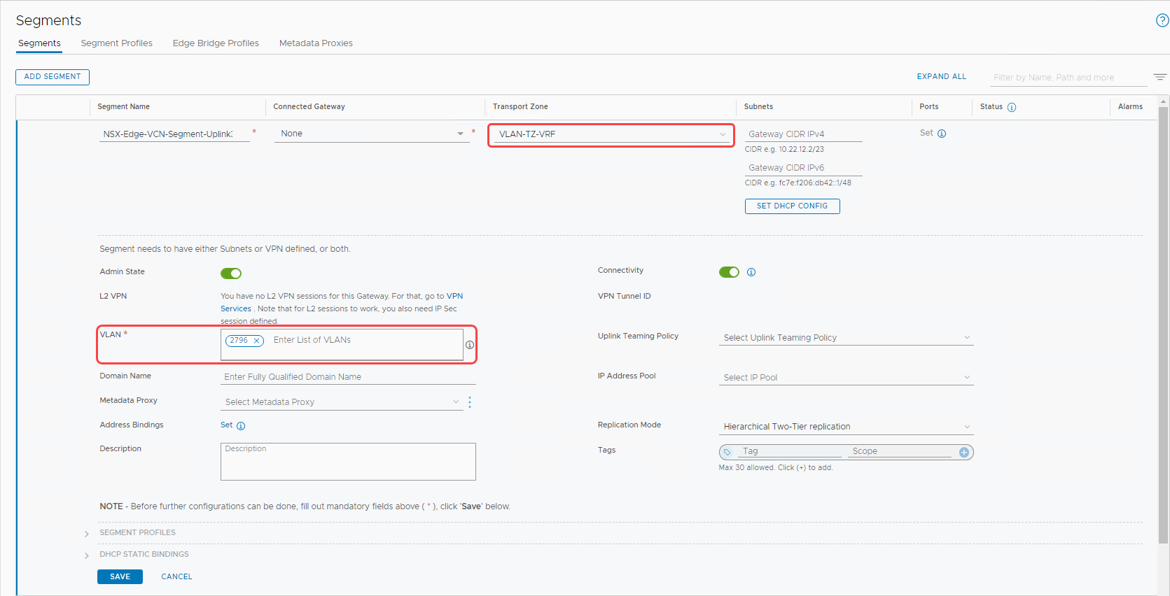 A screenshot of the Segments page showing the VLAN-backed segment for Uplink3 circled in red.