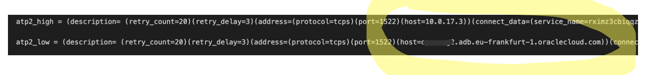A screenshot of code with the tnsnames.ora file edited and circled in yellow.