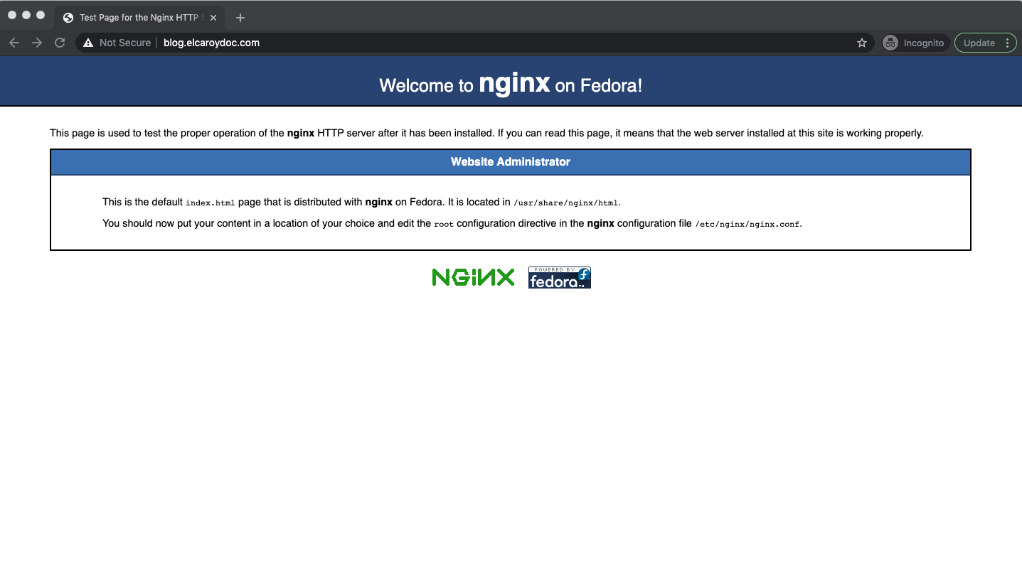 A screenshot of the resulting test page for Nginx on Fedora.