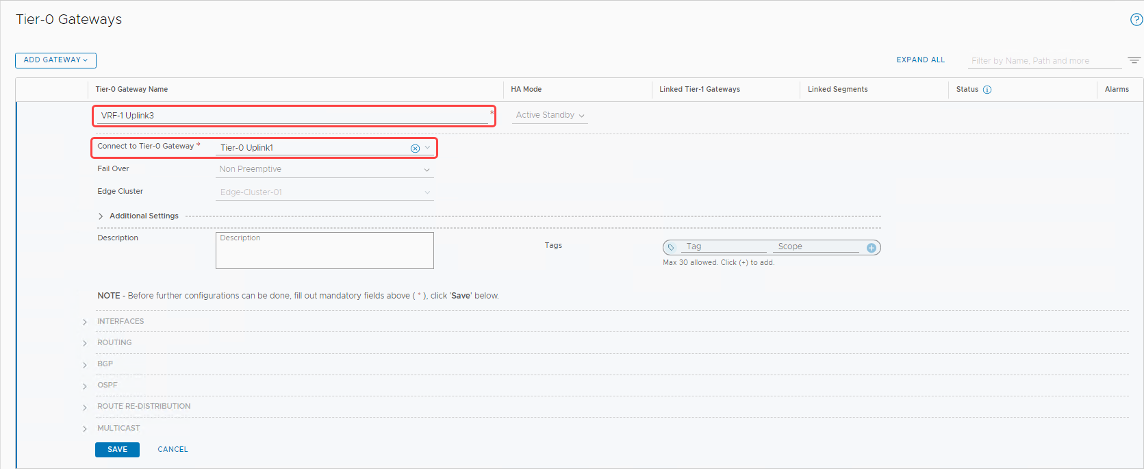 A screenshot of the Tier-0 Gatways with the VRF connections circled in red.