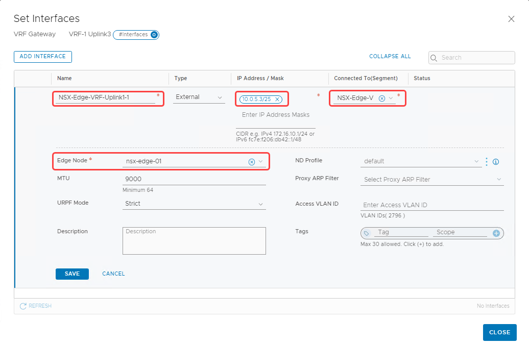 A screenshot of the Set Interfaces page for the VRF-1 Uplink3.