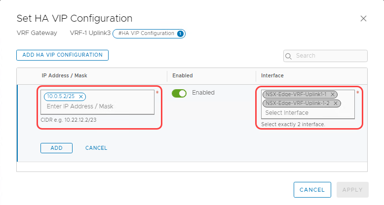 A screenshot of the Set HA VIP Configuration page with the IP Address, mask, and interface circled in red.