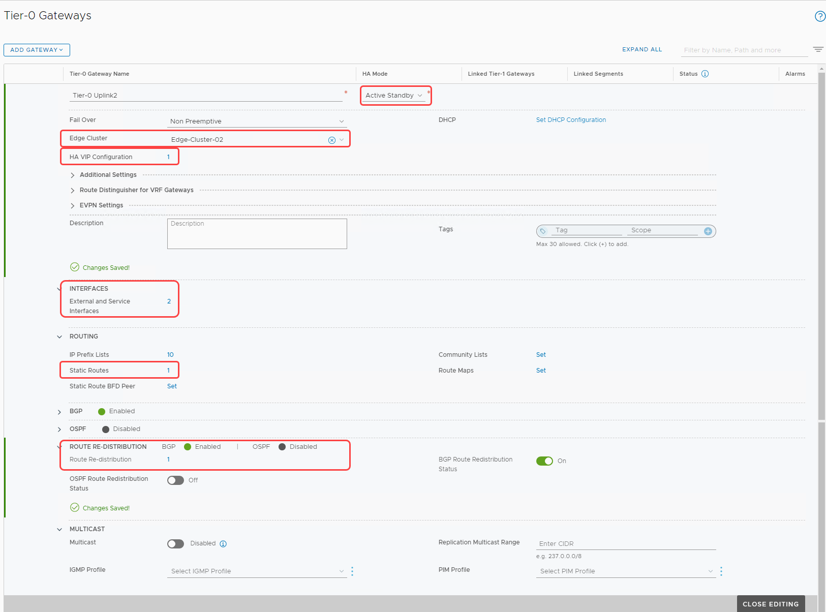 Final Configuration overview of Tier-0 Gateway