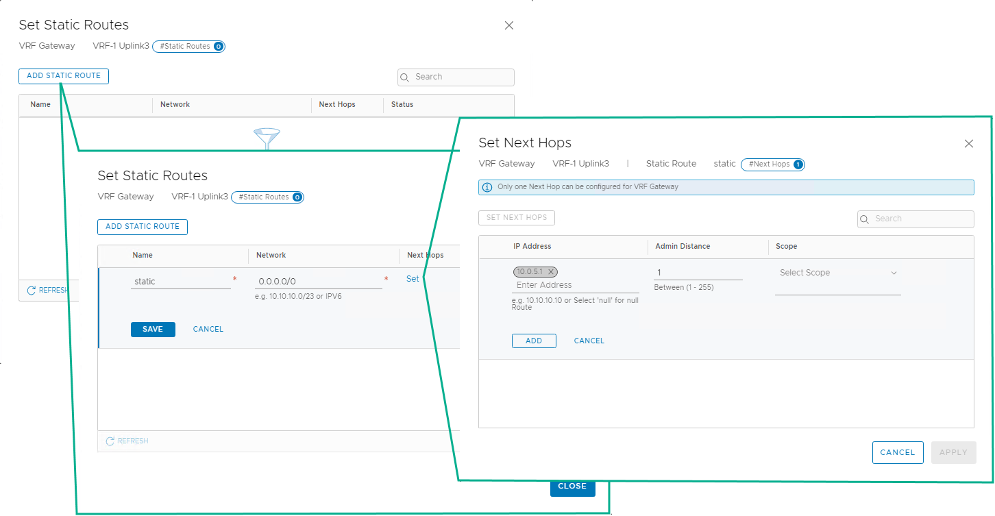 A screenshot of the Set Static Route page with details indicated with a teal line.
