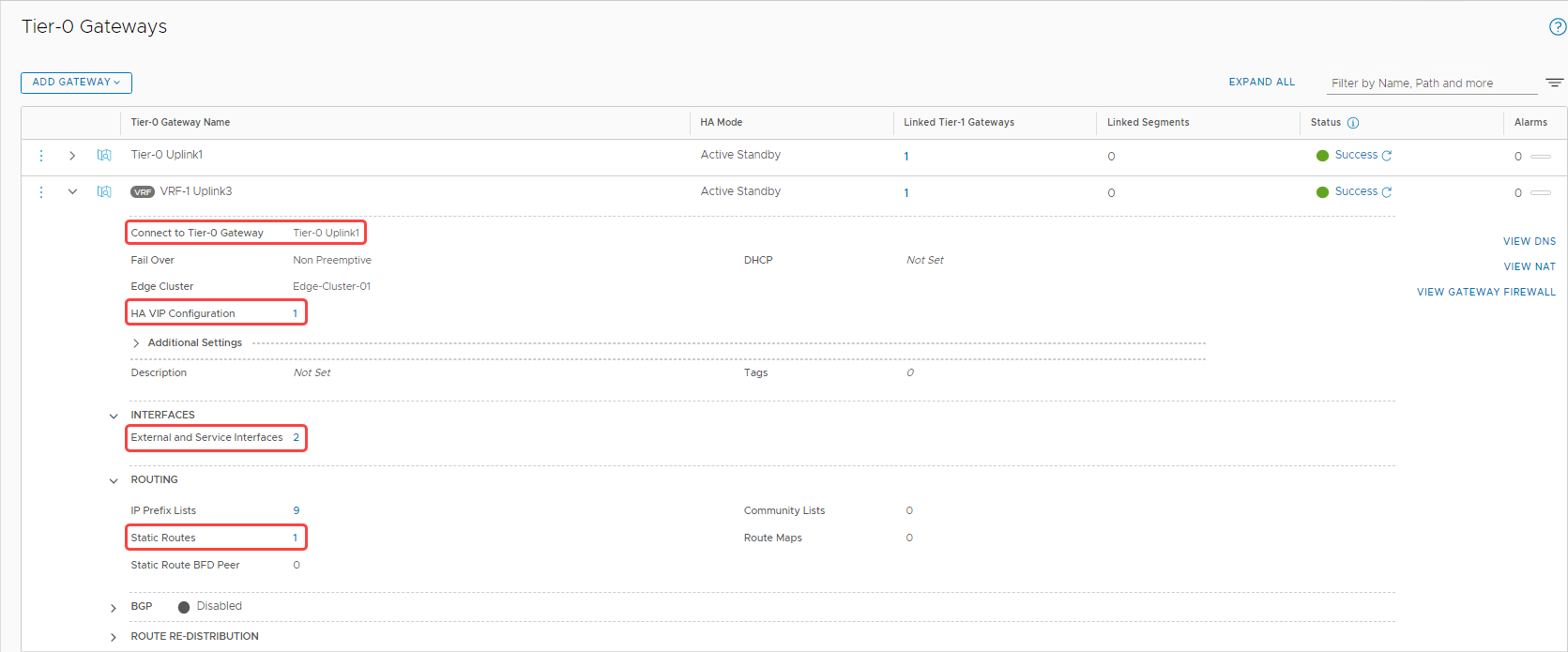 A screenshot of the Tier-0 Gatways showing the final configuration of the VRF gateway.