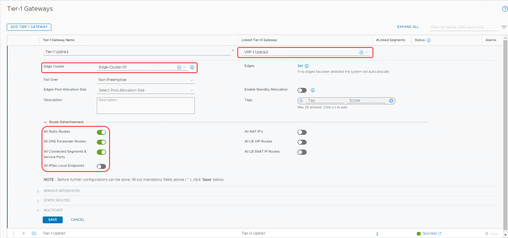 A screenshot of the Tier-1 Gateways configuration with the edge cluster, linked tier, and route advetisment sections circled in red.