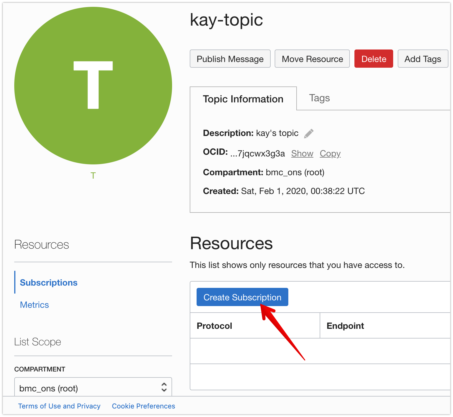 Screenshot that shows the Create Subscription button on the topic details page in the console.
