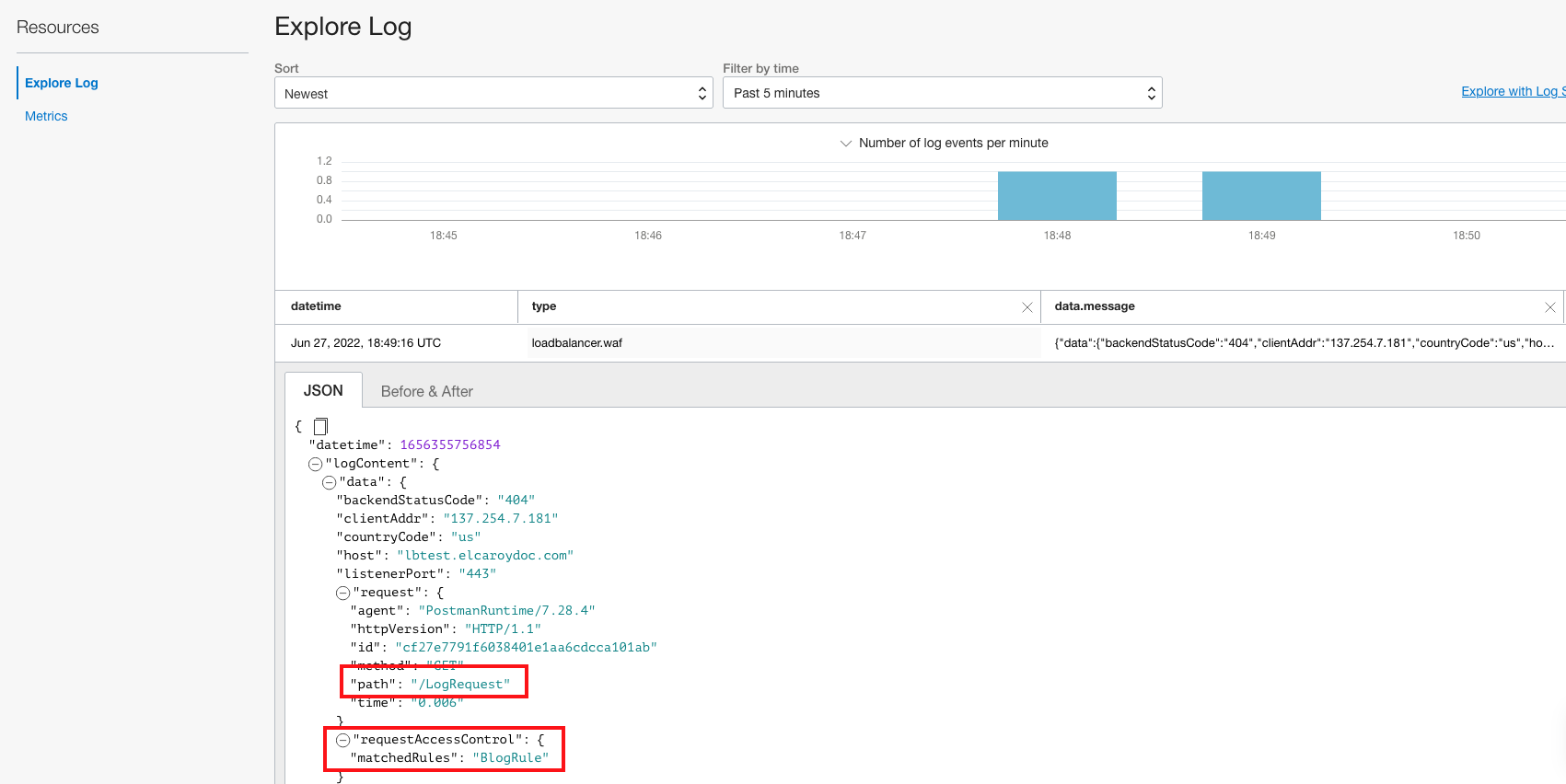 A screenshot of the Explore Log page showing the JSON data with the path and matched rules outlined in red.