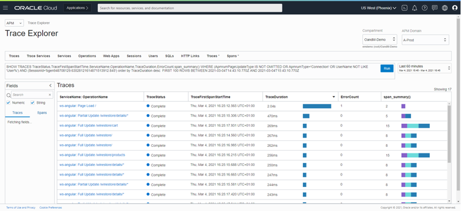 A screenshot of the Trace Explorer screen in the Oracle Cloud Console.