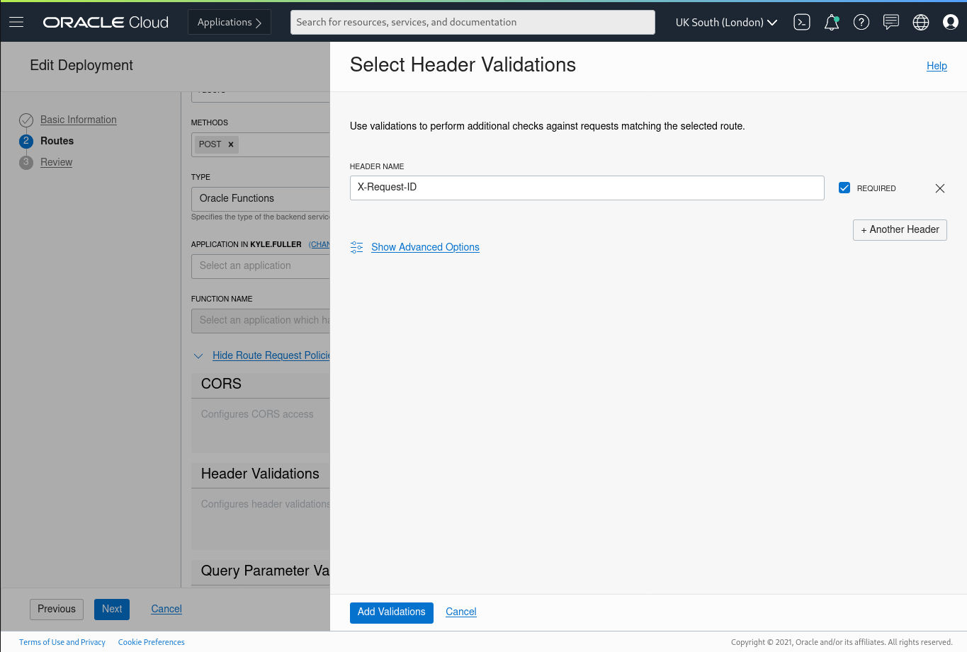 A screenshot of the Select Header Validations window over the Edit Deployment screen in the Console.