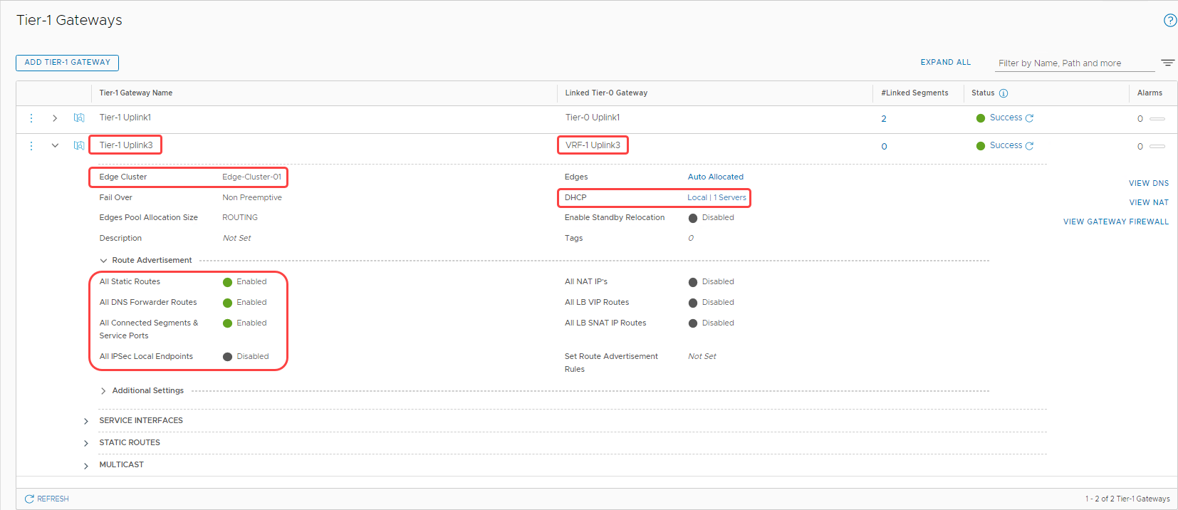 A screenshot of the Tier-1 Gateways page showing the configuration with DHCP.
