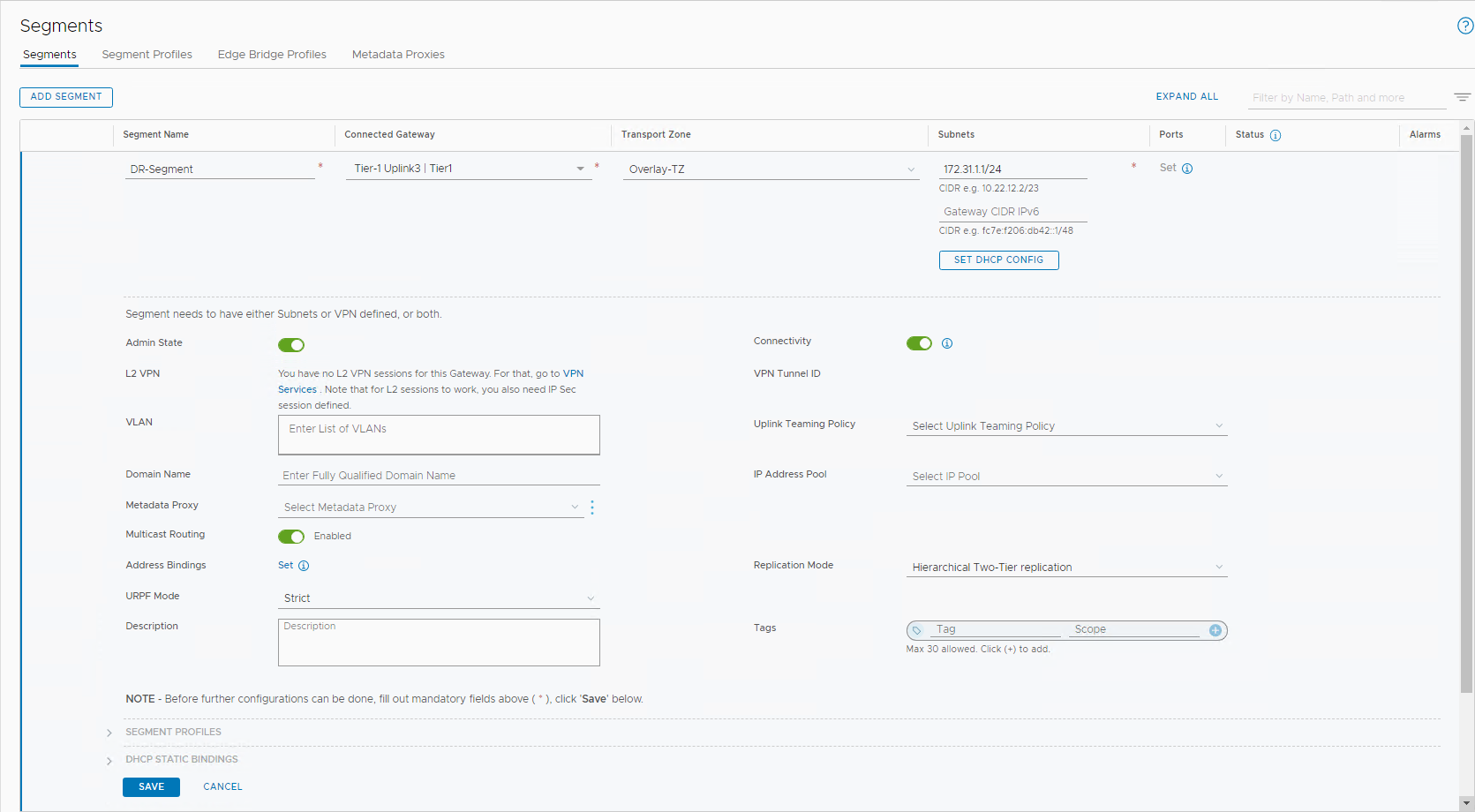 A screenshot of the Segments page shwoing the NSX-T overlay DR segment.
