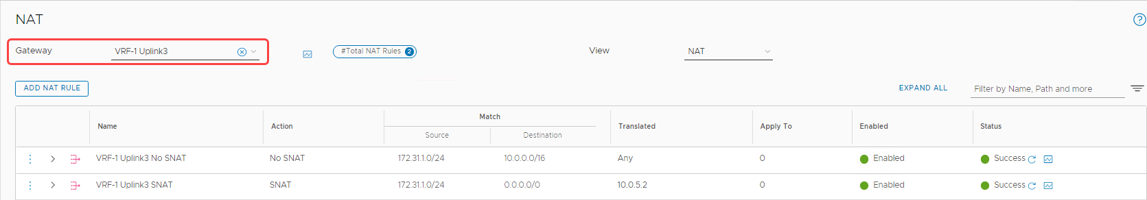 A screenshot of the NAT Rules for the VRF gateway.