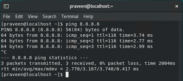A screenshot of the code showing the results of a ping test.